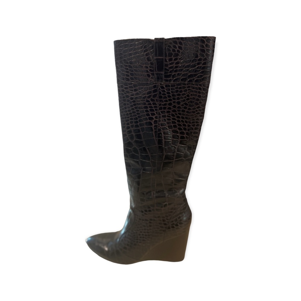 Embossed Animal Print Designer Brown Leather Wedge Heel Knee Boots